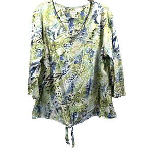 Chicos Women Top Size XL Mixed Print Colorful Tie 3/4 Sleeve Pullover Stretch‎